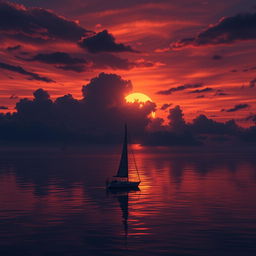 An animation of a sailboat without sails gently drifting on a still sea under a profoundly sad sunset