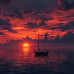 An animation of a sailboat without sails gently drifting on a still sea under a profoundly sad sunset