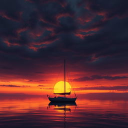 An animation of a sailboat without sails gently drifting on a still sea under a profoundly sad sunset