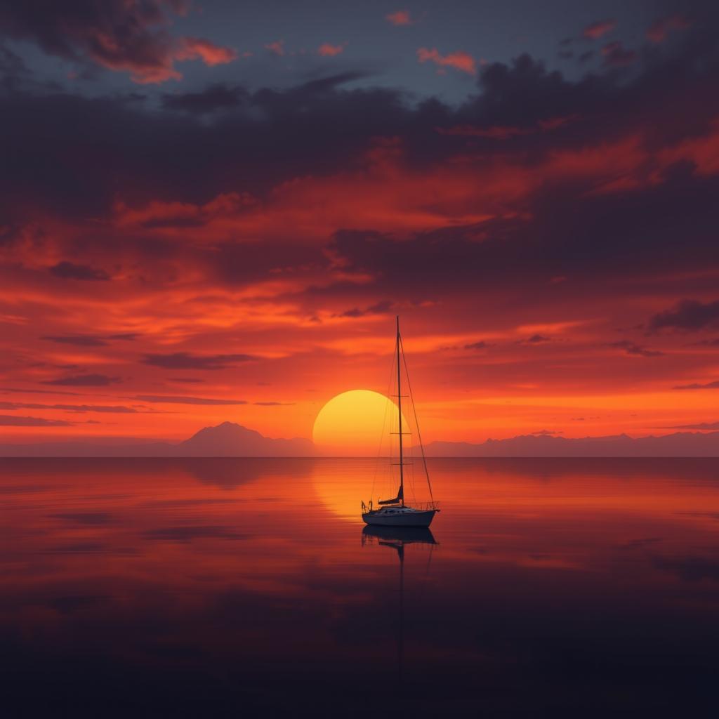 An animation of a sailboat without sails gently drifting on a still sea under a profoundly sad sunset