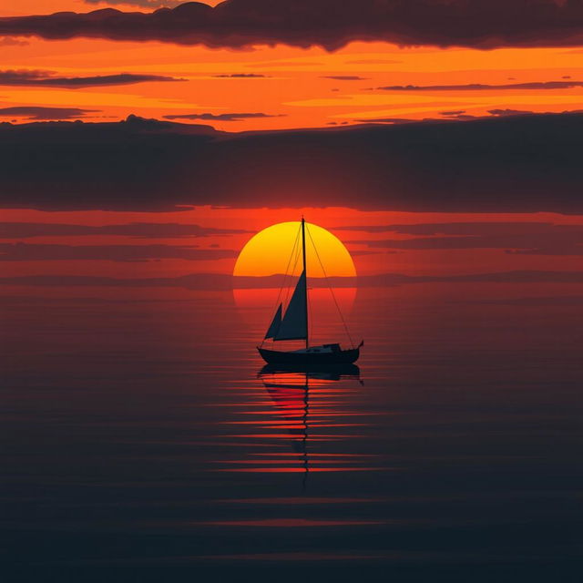 An animation showcasing a sailboat without sails floating gently on a calm sea during a heart-wrenchingly sad sunset