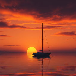 An animation showcasing a sailboat without sails floating gently on a calm sea during a heart-wrenchingly sad sunset