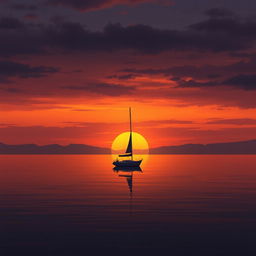 An animation showcasing a sailboat without sails floating gently on a calm sea during a heart-wrenchingly sad sunset