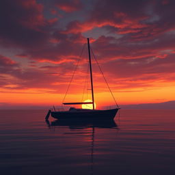 An animation showcasing a sailboat without sails floating gently on a calm sea during a heart-wrenchingly sad sunset