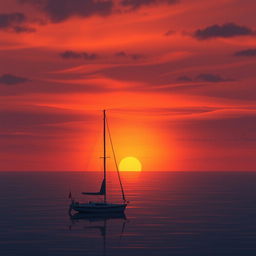 An animation featuring a sailboat without sails floating alone on a calm sea, set against a profoundly sad sunset