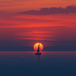 An animation featuring a sailboat without sails floating alone on a calm sea, set against a profoundly sad sunset