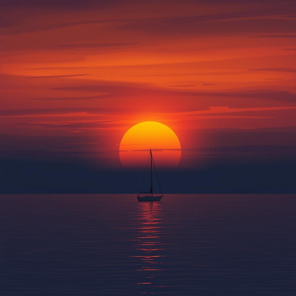 An animation featuring a sailboat without sails floating alone on a calm sea, set against a profoundly sad sunset