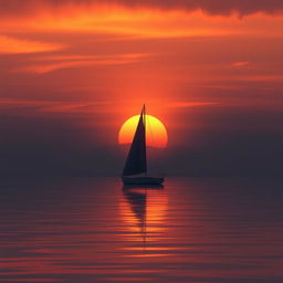 An animation featuring a sailboat without sails floating alone on a calm sea, set against a profoundly sad sunset