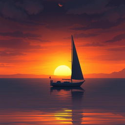 An animation depicting a sailboat without sails floating quietly on a tranquil sea at sunset, evoking a deep sense of sadness