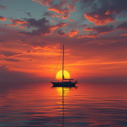 An animation depicting a sailboat without sails floating quietly on a tranquil sea at sunset, evoking a deep sense of sadness