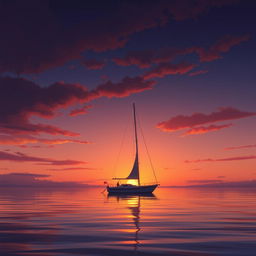 An animation depicting a sailboat without sails floating quietly on a tranquil sea at sunset, evoking a deep sense of sadness