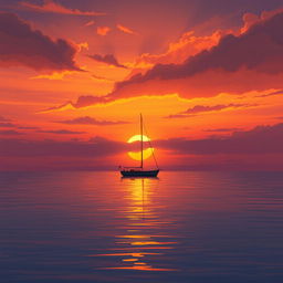 An animation depicting a sailboat without sails floating quietly on a tranquil sea at sunset, evoking a deep sense of sadness