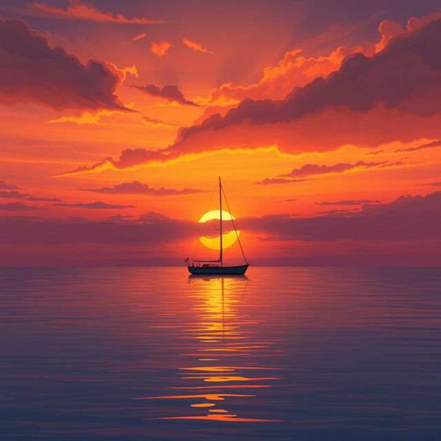 An animation depicting a sailboat without sails floating quietly on a tranquil sea at sunset, evoking a deep sense of sadness