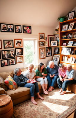 A warm and inviting living room filled with memories, showcasing an array of family photos framed on walls and displayed on a wooden bookshelf