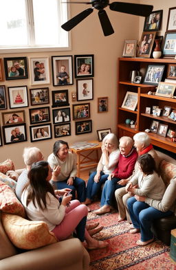 A warm and inviting living room filled with memories, showcasing an array of family photos framed on walls and displayed on a wooden bookshelf