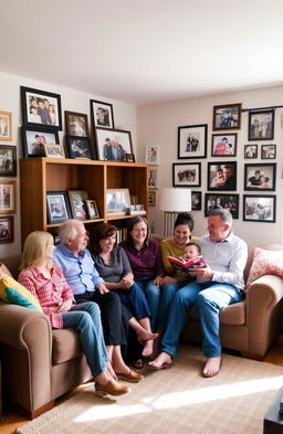 A warm and inviting living room filled with memories, showcasing an array of family photos framed on walls and displayed on a wooden bookshelf