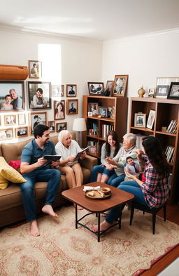 A warm and inviting living room filled with memories, showcasing an array of family photos framed on walls and displayed on a wooden bookshelf