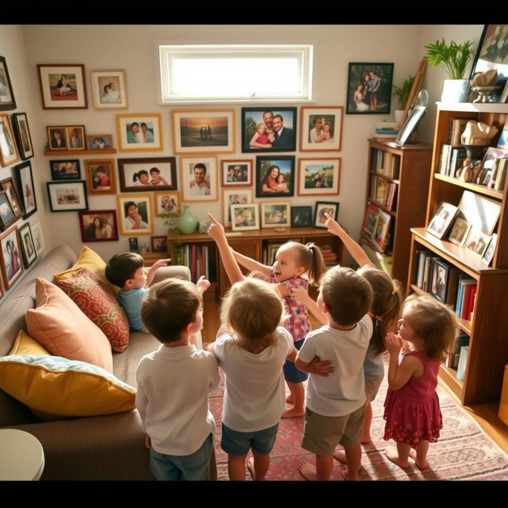 A warm and inviting living room filled with memories, showcasing an array of family photos framed on walls and displayed on a wooden bookshelf