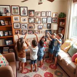 A warm and inviting living room filled with memories, showcasing an array of family photos framed on walls and displayed on a wooden bookshelf