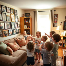 A warm and inviting living room filled with memories, showcasing an array of family photos framed on walls and displayed on a wooden bookshelf