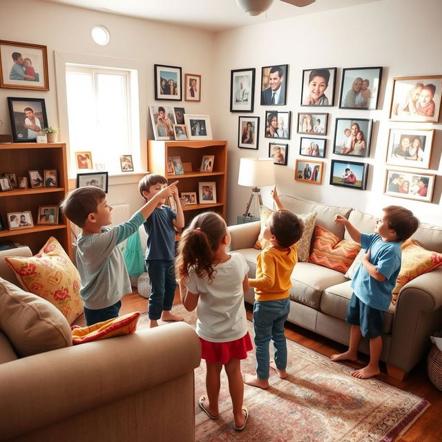 A warm and inviting living room filled with memories, showcasing an array of family photos framed on walls and displayed on a wooden bookshelf