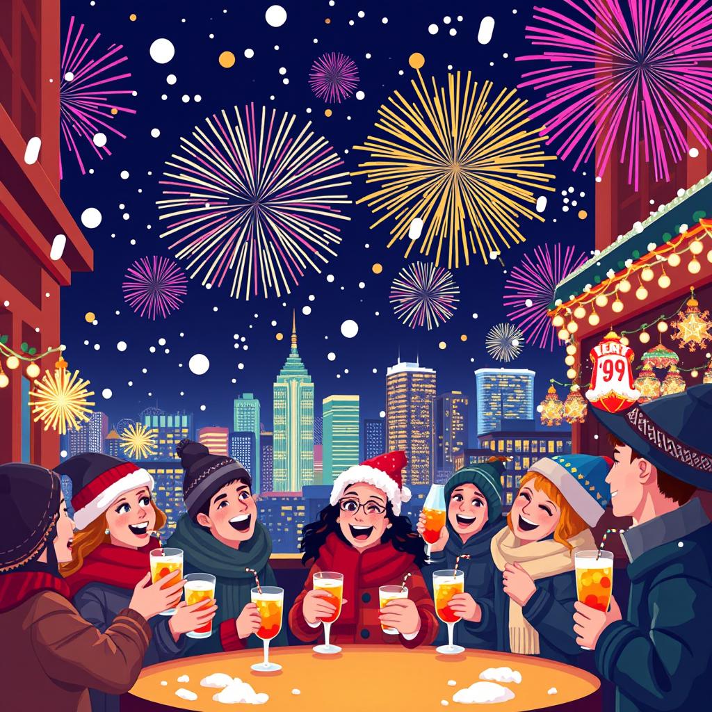 A festive New Year celebration in pixel art style, featuring colorful fireworks bursting in the night sky, a vibrant city skyline with glowing lights, and people in winter clothing celebrating with drinks and party hats