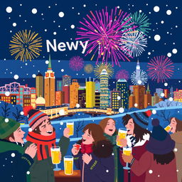 A festive New Year celebration in pixel art style, featuring colorful fireworks bursting in the night sky, a vibrant city skyline with glowing lights, and people in winter clothing celebrating with drinks and party hats