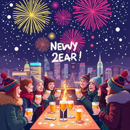 A festive New Year celebration in pixel art style, featuring colorful fireworks bursting in the night sky, a vibrant city skyline with glowing lights, and people in winter clothing celebrating with drinks and party hats
