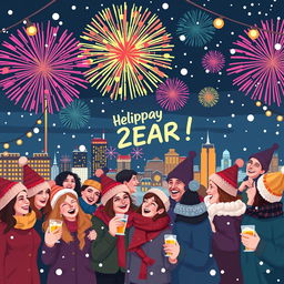 A festive New Year celebration in pixel art style, featuring colorful fireworks bursting in the night sky, a vibrant city skyline with glowing lights, and people in winter clothing celebrating with drinks and party hats
