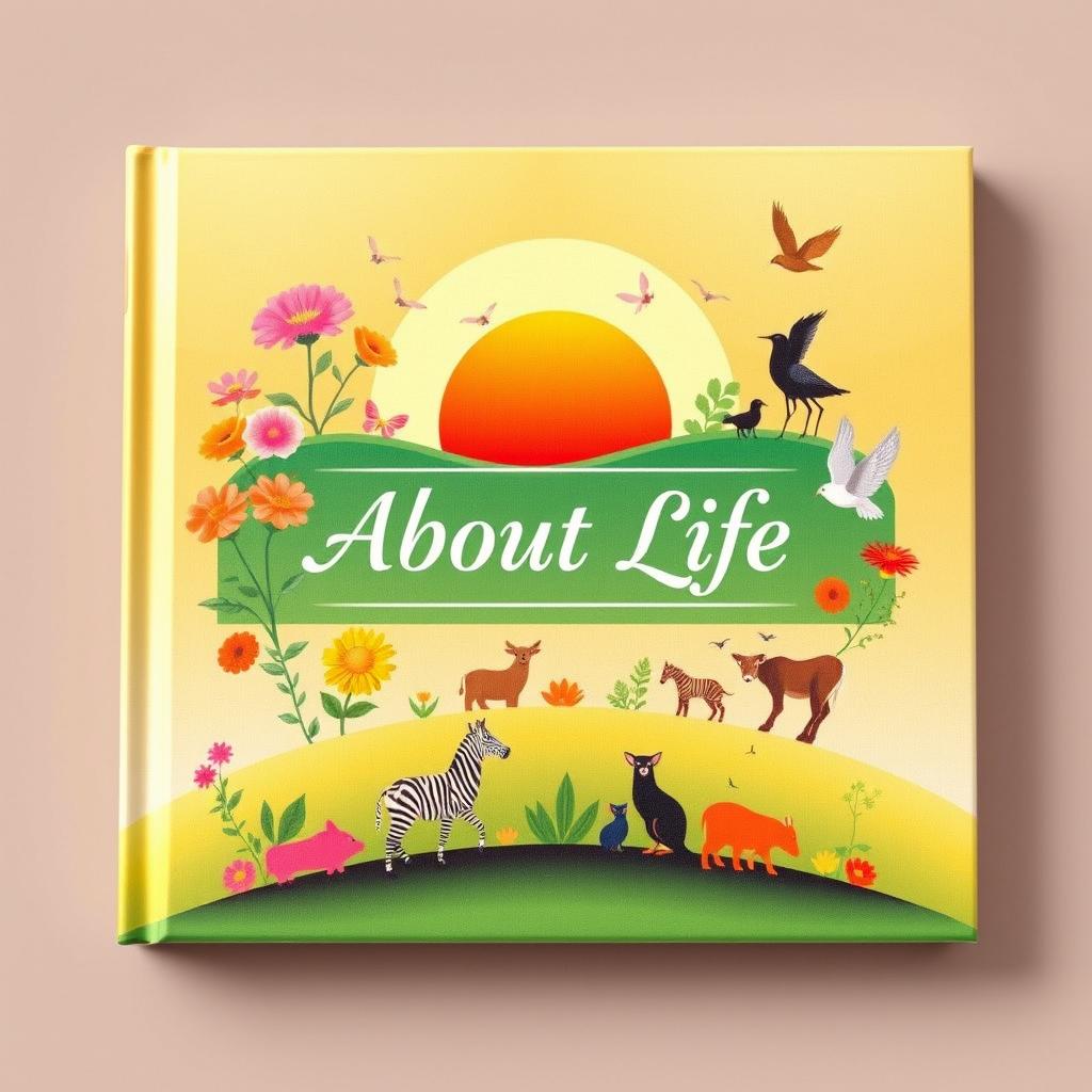 A beautifully designed book cover depicting the theme of life, featuring vibrant symbols of growth such as blooming flowers, a sunrise on the horizon, and diverse animals representing the circle of life