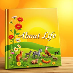 A beautifully designed book cover depicting the theme of life, featuring vibrant symbols of growth such as blooming flowers, a sunrise on the horizon, and diverse animals representing the circle of life