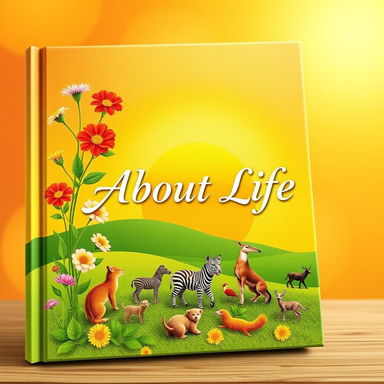 A beautifully designed book cover depicting the theme of life, featuring vibrant symbols of growth such as blooming flowers, a sunrise on the horizon, and diverse animals representing the circle of life