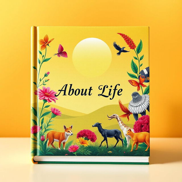 A beautifully designed book cover depicting the theme of life, featuring vibrant symbols of growth such as blooming flowers, a sunrise on the horizon, and diverse animals representing the circle of life