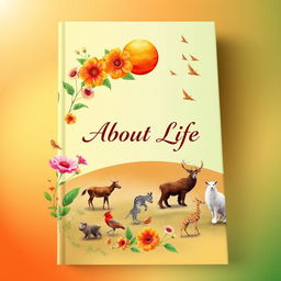 A beautifully designed book cover depicting the theme of life, featuring vibrant symbols of growth such as blooming flowers, a sunrise on the horizon, and diverse animals representing the circle of life