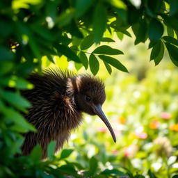 A kiwi bird peeking out from under a lush green bush in a tranquil natural setting