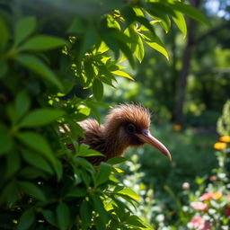 A kiwi bird peeking out from under a lush green bush in a tranquil natural setting