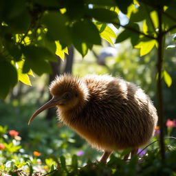 A kiwi bird peeking out from under a lush green bush in a tranquil natural setting