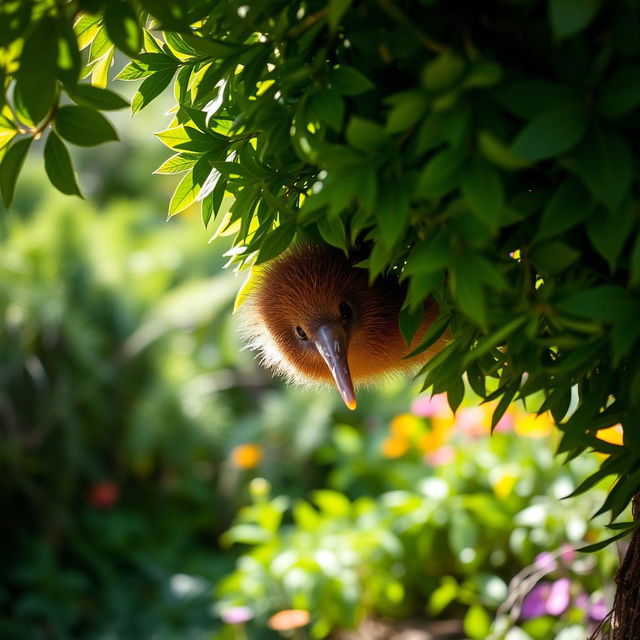 A kiwi bird peeking out from under a lush green bush in a tranquil natural setting