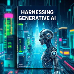 A visually stunning cover design for a book titled 'Harnessing Generative AI', featuring a futuristic cityscape with vibrant neon lights, intricate circuitry patterns, and a dynamic illustration of a humanoid robot integrated with digital elements