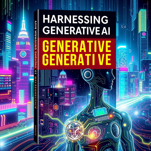 A visually stunning cover design for a book titled 'Harnessing Generative AI', featuring a futuristic cityscape with vibrant neon lights, intricate circuitry patterns, and a dynamic illustration of a humanoid robot integrated with digital elements