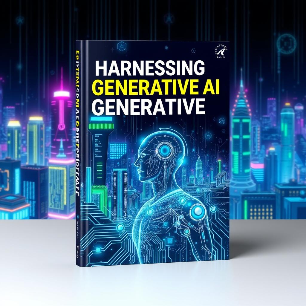 A visually stunning cover design for a book titled 'Harnessing Generative AI', featuring a futuristic cityscape with vibrant neon lights, intricate circuitry patterns, and a dynamic illustration of a humanoid robot integrated with digital elements