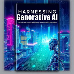 A visually stunning cover design for a book titled 'Harnessing Generative AI', featuring a futuristic cityscape with vibrant neon lights, intricate circuitry patterns, and a dynamic illustration of a humanoid robot integrated with digital elements