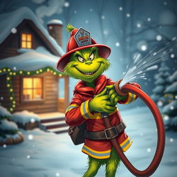 A whimsical depiction of the Grinch dressed in a firefighter's uniform, joyfully holding a fire hose