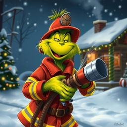 A whimsical depiction of the Grinch dressed in a firefighter's uniform, joyfully holding a fire hose