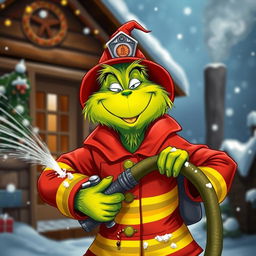 A whimsical depiction of the Grinch dressed in a firefighter's uniform, joyfully holding a fire hose