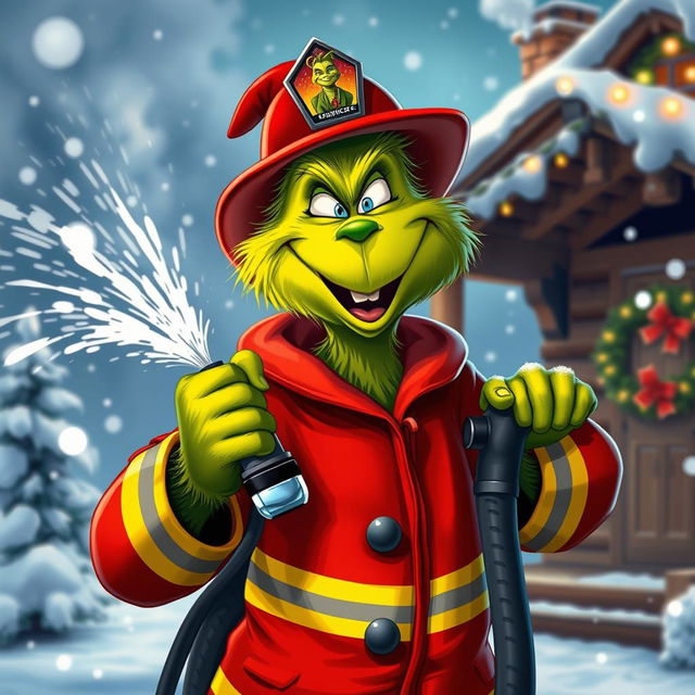 A whimsical depiction of the Grinch dressed in a firefighter's uniform, joyfully holding a fire hose