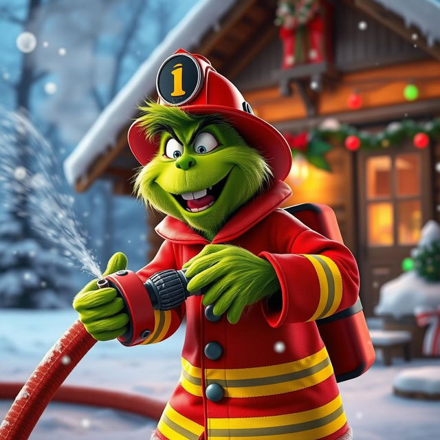 A whimsical 3D rendering of the Grinch dressed in a firefighter's uniform, gleefully holding a fire hose