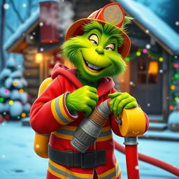 A whimsical 3D rendering of the Grinch dressed in a firefighter's uniform, gleefully holding a fire hose