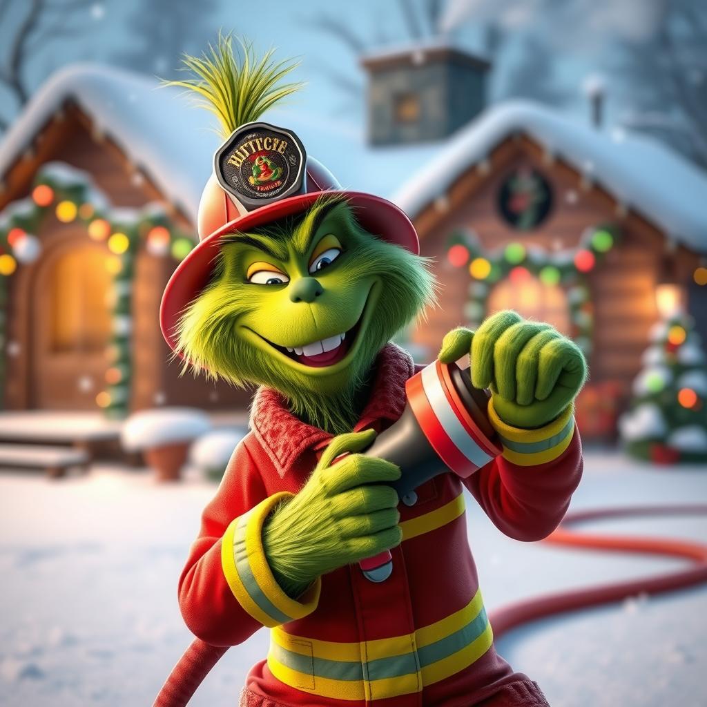 A whimsical 3D rendering of the Grinch dressed in a firefighter's uniform, gleefully holding a fire hose