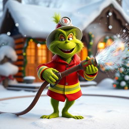 A whimsical 3D rendering of the Grinch dressed in a firefighter's uniform, gleefully holding a fire hose